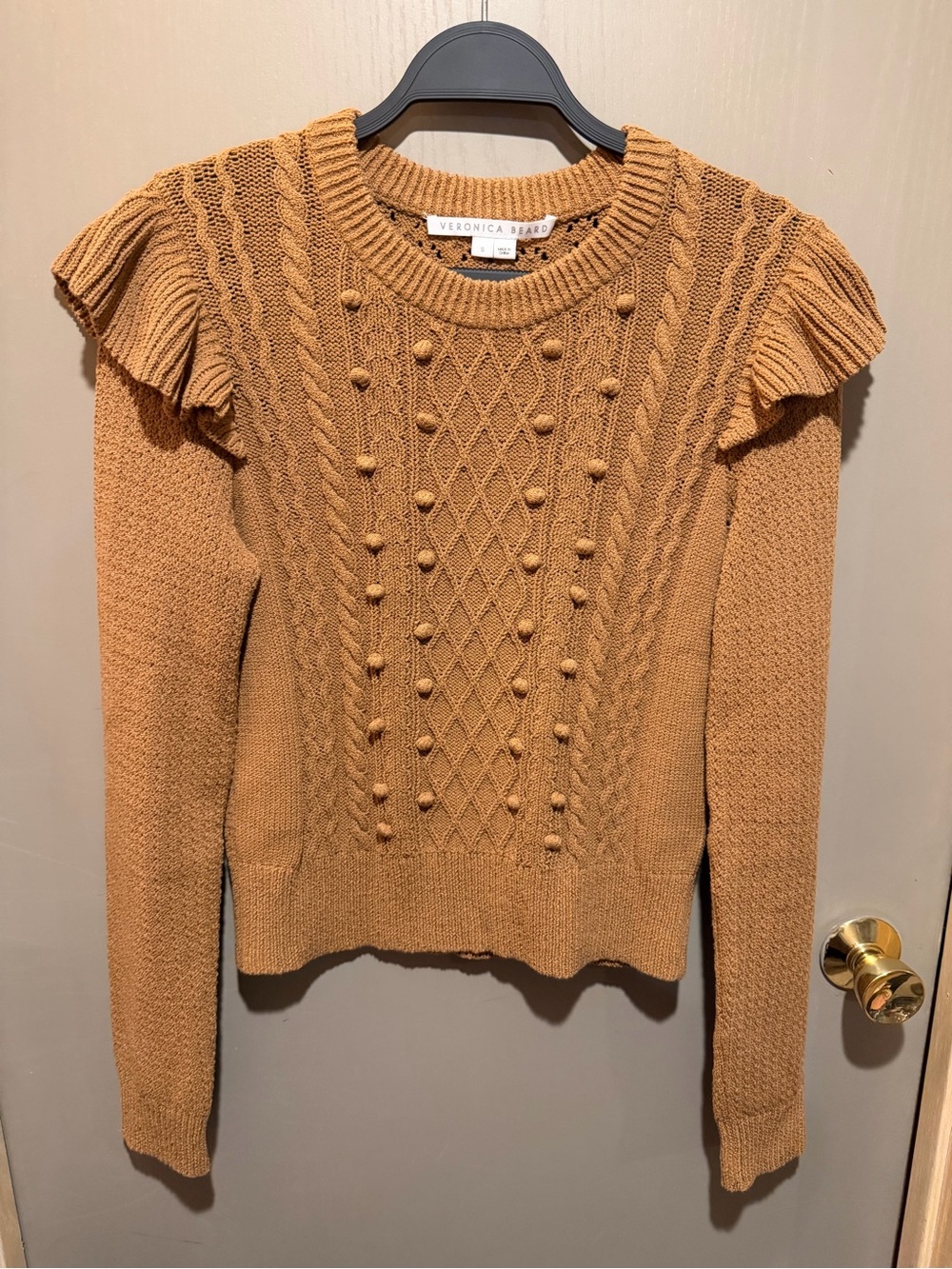 Veronica Beard Camel Brown Cable-Knit Ruffle Shoulder Sweater
